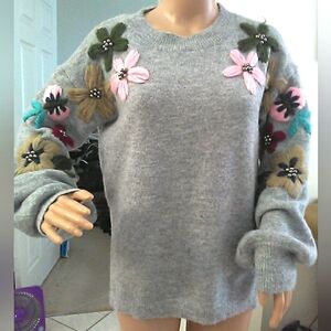 FLEUR DE LIS Embellished Floral Gray Sweater(LG.YARN LIKE FLOWERS) SZ.M COT/WOOL
